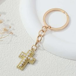 Cross Keychains Pearl Gold Color Religious Key Rings For Women Men Friendship Gift Handbag Decoration Handmade Jewelry