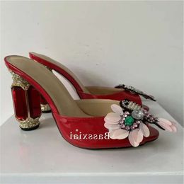 Crystal Handmade Women Butterfly-flower Sandals Bling Diamond High Heel Patent Leather Slingbacks Shoes S 59e
