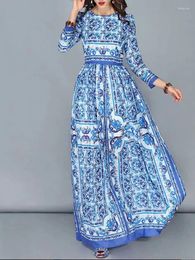 Casual Dresses Catwalk Blue-and-white Porcelain Printed Long-sleeved Dress Spring/Autumn High Waist And Big Swing Fashion Women's Long Skir