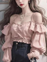 Women's Blouses White Chiffon Korean Elegant Blouse Women 2024 Casual Fashion Off Shoulder Female Long Sleeve Designer Pretty Pink