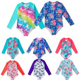 2024 Kids Girls Swimwear Beachwear Ruffle Long Sleeves Palm Printed Zippered Swimsuit Children Swimming Bathing Suit Rash Guard L2405