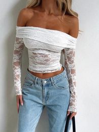 Women's T Shirts Women Floral Y2k Lace Long Sleeve Tops Low Cut Sheer Pullovers Fitted Crop Shirt With Bra Summer Streetwear Clubwear