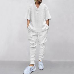 Autumn Casual Loose 74 Sleeve Jacquard Knitted Shirt Top Long Pants Mens Set 240511