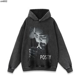 High Street Dark Hip Hop Portrait Printed Old Washed Sweatshirts for Men and Women Oversize Hoodies Trendy