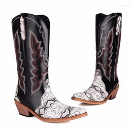 Boots IPPEUM Leather Western Women Embroidered Wide Calf Pointed Toe Retro Black Size 46 Cowgirl Cowboy