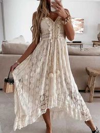 Basic Casual Dresses V-neck Lace White Dress For Woman Beach Slip Robe Summer Loose Holiday Sexy Party Dresses 2023 Solid Colour Beachwear Cover Up T240523
