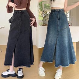 Skirts Spring Summer Retro Women Denim Large Size Fashion High Waist Slit Edge A-line Long Elegant Ladies