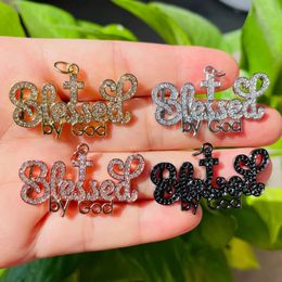 5pcs Gold-plated BLESSED BY GOD Religious Word Charm for Women Bracelet Making Letter Pendant Girl Necklace Jewelry Handcraft 240514