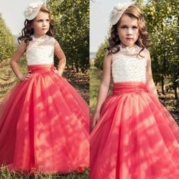 Princess Coral Flower Girl Dresses Sheer Neck Lace Beaded Sleeveless Corset Back Tulle Child Pageant Wedding 2413