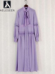 Casual Dresses AELESEEN Runway Fashion Maxi Dress Women Spring Autumn Full Sleeve Bow Hollow Out Purple /Black Elegant Party Holiday XXL