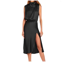 Casual Dresses Women'S Solid Colour Sexy High Neck Waist Hip Lift Slit Evening Gown Dress Formal Occasion Luxury