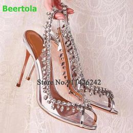 Dress Shoes Crystal Peep Toe PVC Slingback Sandals For Female Women Slip-on Back Strap Thin High Heel Luxury Rhinestone Design Fashion