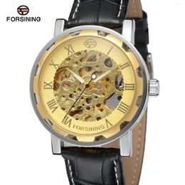 Wristwatches 2024 Fashion Forsining Top Golden Dial Mens Black Skeleton Hand Wind Mechanical Watch Wrist Hours Leather Clocks