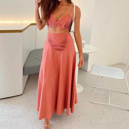 Work Dresses Lady Solid Color Party Set Fashion V Neck Sling Crop Top High Waist Draped Skirts Summer Backless Holiday French 2pc Outfits