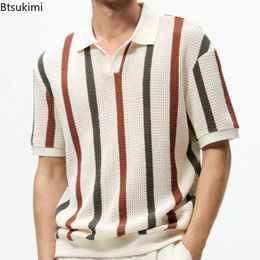 Summer Mens Fashion Hollow Out Knitted Polo Shirts Striped Contrast Color Design Business Casual Knitwear Pullover for Men 240520