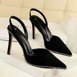 Suede Pointed Sandals Ladies 2024 Rhinestone High Heel Women's Slippers Wedding Party Shoes Size aa6