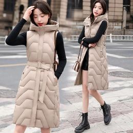 Women's Vests Casual Long Down Cotton Belt Vest Winter Warm Waistcoat Fashion Windproof Hooded Parka Overcoat Female Outerwear