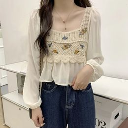 Crochet Top with Chiffon Flower Embroidery Long Sleeve Squareneck Fake TwoPiece Blouse Spring Summer Fairycore Cottagecore 240517