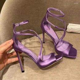 Dress Shoes Purple Satin Open Square Toe Hollow Sandals Woman Summer 2024 Thin Belt Stiletto Sexy Fahion For Women