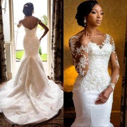 2020 African Elegant Mermaid Long Wedding Dresses Sheer Long Sleeves Lace Appliqued Wedding Bridal Gowns Corset Back BC0467 224a