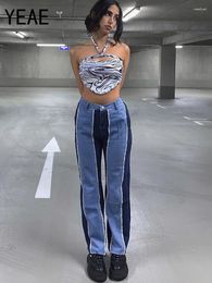 Женские штаны да, модные лоскутные джинсы прямые джинсы Женщины с высокой талией контрастной кисточкой винтаж хипстерской джинсовой трос.