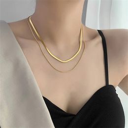 Punk Double Layered Necklaces Female 14K Gold Flat Snake Bone Chain Choker for Women Jewelry Christmas Gift