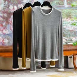 Women's T Shirts Straight Colour Collision False 2 Pieces Long-sleeved T-shirt Female Autumn And Winter Wild 2024 Wool Bottoming Shirt Casual