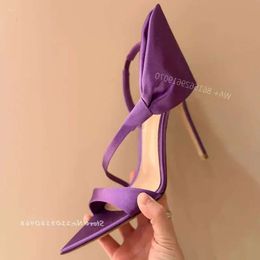 Sandals Woman Satin Purple Sexy Bow Pointed Open Toe Back Strap High Heels Stiletto 2024 Summer Elegant Party Dress ca6