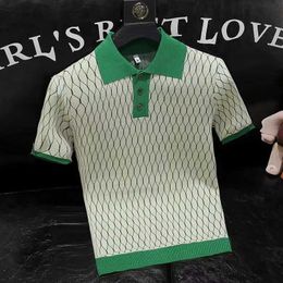 Men's T-Shirts Summer New Mens Business Casual Knitting polos Shirt Men Turn-down Collar Button Fashiongeometric scheme Tops Knit T-shirts J240522