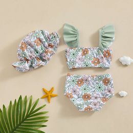 Toddler Baby Girl With Hat Summer Bathing Suit Bikini Ruffle Sleeveless Floral Tankini Swimsuit Set L2405