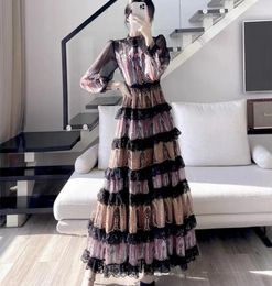 Casual Dresses Runway Design Spring Cascading Ruffles Cake Long Dress Fashion Women Stand Collar Chiffon Print Flower Patchwork Lace Party