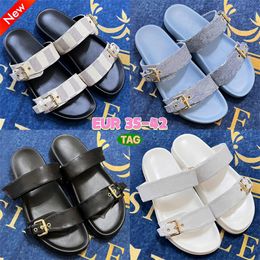 Mens womens designer sandals flats sandal Black Embossed Leather slides Blue Denim Brown Chessboard Canvas slide slippers summer beach luxury Flat Comfort slipper