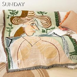 Blankets Abstract Art Blanket Straw Hat Girl Pattern Picnic Outdoor Camping Decorative Tassel Boho Sofa Cover Throw Ins Tapestry