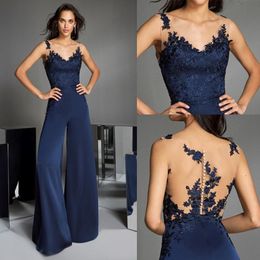 Elegant Dark Navy A Line Evening Jumpsuits Lace Applique V Neck Floor Length Chiffon Illusion Back Formal Jumpsuits Prom Gowns Party Dr 259i