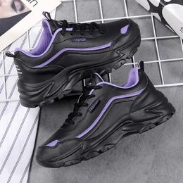 Casual Shoes Women Sport Platform Lady Sneaker Black Thick Sole Leather Big Size 42 Fashion Flats Walking Zapatillas