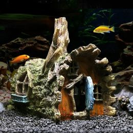 1PC Tree House Resin Wooden Fish Tank Decoration Cottage Jellyfish Carp Shrimp Turtle Pet Snake Reptile 240522