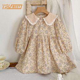 Sweet Kids Long Sleeve Flower Printing Princess Autumn Baby Girls Doll Collar Children Clothes Dress L2405