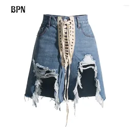 Women's Shorts BPN Fashion Patchwork Bandage For Women High Waist Hit Color Spliced Hem Casual Short Jeans Female Summer Clothes