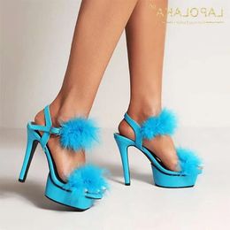 Super Lapolaka Woman High Summer Sandals Heels Thin Platform Shoes Feather Decro Sexy Party Club Cosplay Dress 44d