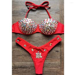 Women's Swimwear 2024 Sexy Luxury Diamond Women Push Up Bikinis Set Halter Rhinestone Red Crystal Honey Moon Beachwear