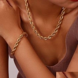 Earrings Necklace Tarnish Stainless Steel 18K Gold Plated Womens 8Mm Chunky Twisted Rope Chain Trendy Bracelet Drop Delivery Jewelr Dhdyj