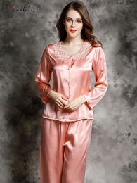 Home Clothing Long Sleeve Lace V-neck Natural Silk Sexy Pyjama Set Satin Breathable Nightwear 2024 Summer Fall Loungewear S30758QM