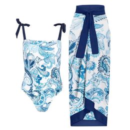 Women's Swimwear Blue Printed One Piece Swimsuit Suit Lace Up Square Neck Sexy Bikini High Waist Seamless Stitching Chic Beachwear Cover Up T240523