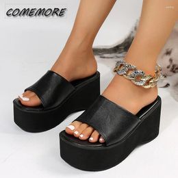Sandals Chunky Platform Women Fashion Black PU Leather Wedge Slippers For Woman 2024 Summer Thick Bottom Slides Plus Size 42 43