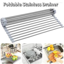 Kitchen Storage Foldable Stainless Steel Dish Drainer Roll Up Drying Rack Shelf Sink Holder Drainage Plate Bowl Fruit