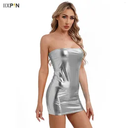 Casual Dresses Sexy Nightclub Sliver Dress Women Streetwear Metallic Shiny Strapless Breast Wrap Bodycon Mini For Dancing Party Carnivals