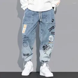 Men's Jeans Denim Baggy Hip-Hop Doodle Punk Casual Letter Print Ankle Banded Streetwear Pants Male Drawstring Trouser Plus Size