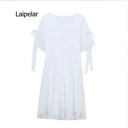 Party Dresses Women Ruffle Short Sleeve Dress Double Layer Solid Color Dot V-neck Casual Summer A-line Chiffon For