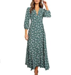 Summer Vintage Casual Sexy VNeck 34 Puff Long Sleeves Flowy Green Navy Blue A Line Fitted Floral Print Maxi Dresses for Women2579332