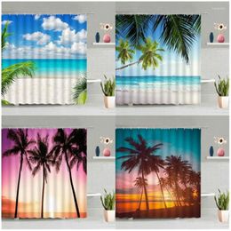 Shower Curtains Palm Trees Beach Hawaii Sea Waves Ocean Dusk Nature Landscape Bathroom Curtain Fabric Bathtub Decor With Hooks